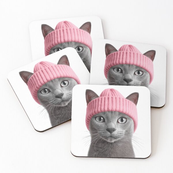 Item preview, Cozy Russian Blue Cat Wearing Pink Winter Hat Trendy Animal Fashion Artwork designed and sold by LazyOwlStore.