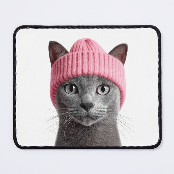Item preview, Cozy Russian Blue Cat Wearing Pink Winter Hat Trendy Animal Fashion Artwork designed and sold by LazyOwlStore.