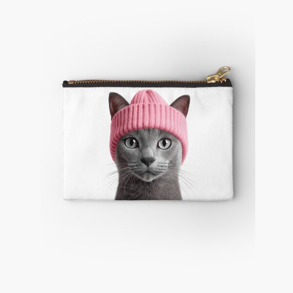 Item preview, Cozy Russian Blue Cat Wearing Pink Winter Hat Trendy Animal Fashion Artwork designed and sold by LazyOwlStore.