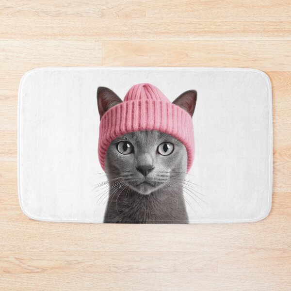 Item preview, Cozy Russian Blue Cat Wearing Pink Winter Hat Trendy Animal Fashion Artwork designed and sold by LazyOwlStore.