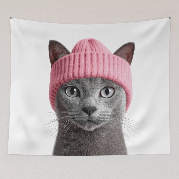 Item preview, Cozy Russian Blue Cat Wearing Pink Winter Hat Trendy Animal Fashion Artwork designed and sold by LazyOwlStore.