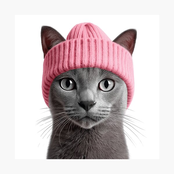 Item preview, Cozy Russian Blue Cat Wearing Pink Winter Hat Trendy Animal Fashion Artwork designed and sold by LazyOwlStore.