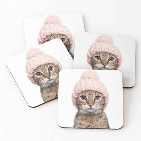 Item preview, Cozy Savannah Cat Wearing Pink Winter Hat Trendy Animal Fashion Artwork designed and sold by LazyOwlStore.