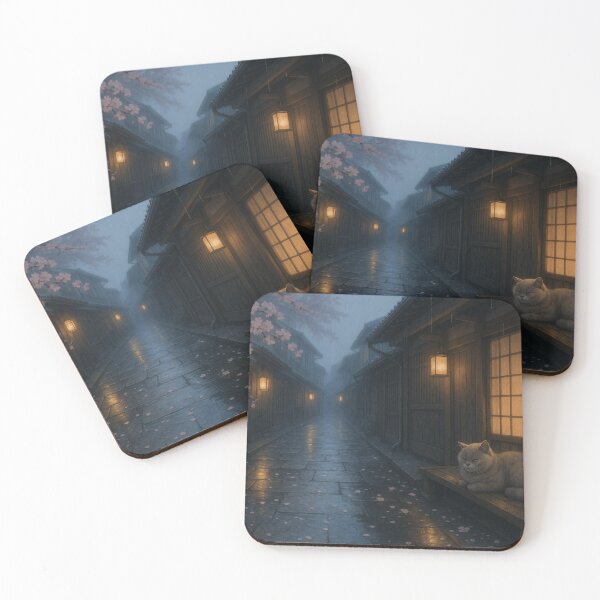 Item preview, Tranquil Rainy Kyoto Street with Cats and Lantern Light designed and sold by Inspired by CarMa.