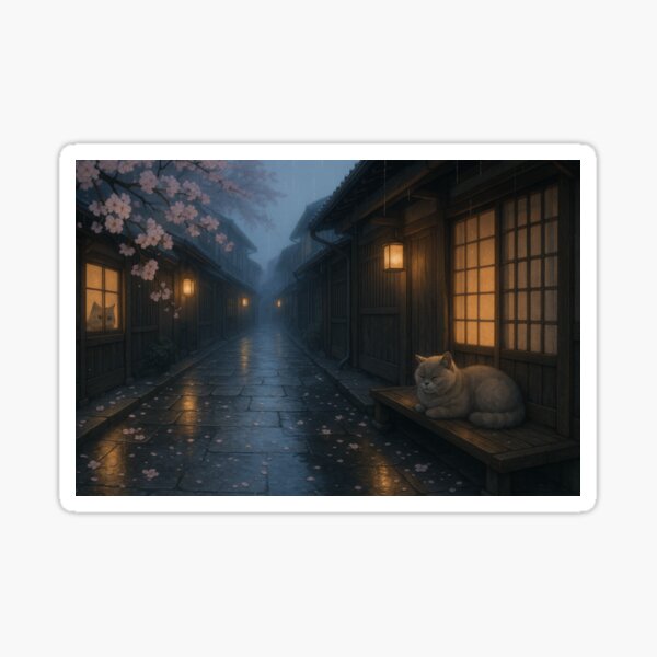 Artikel-Vorschau von Ruhige, regnerische Straße in Kyoto mit Katzen und Laternenlicht, designt und verkauft von Inspired by CarMa.