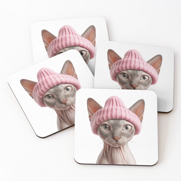 Item preview, Cozy Sphynx Cat Wearing Pink Winter Hat Trendy Animal Fashion Artwork designed and sold by LazyOwlStore.
