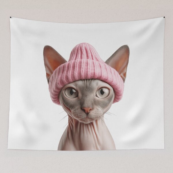 Item preview, Cozy Sphynx Cat Wearing Pink Winter Hat Trendy Animal Fashion Artwork designed and sold by LazyOwlStore.