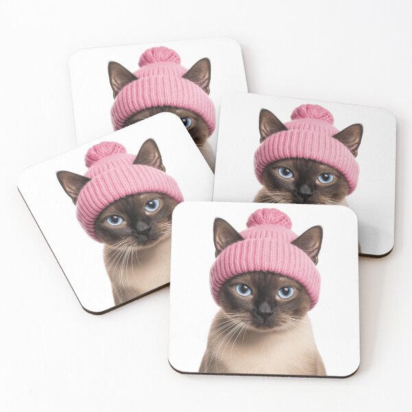 Item preview, Cozy Tonkinese Cat Wearing Pink Winter Hat Trendy Animal Fashion Artwork designed and sold by LazyOwlStore.