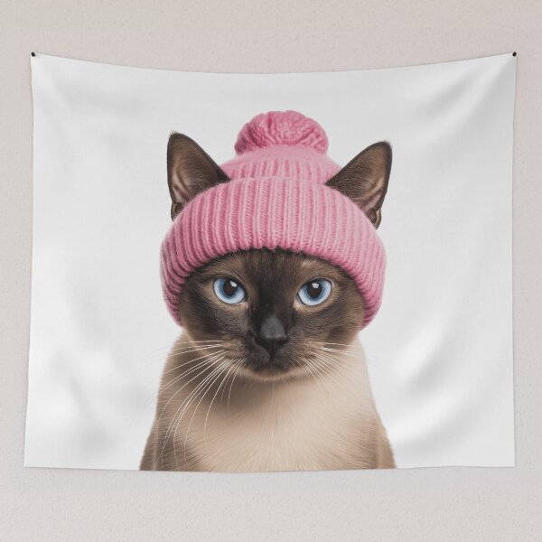 Item preview, Cozy Tonkinese Cat Wearing Pink Winter Hat Trendy Animal Fashion Artwork designed and sold by LazyOwlStore.