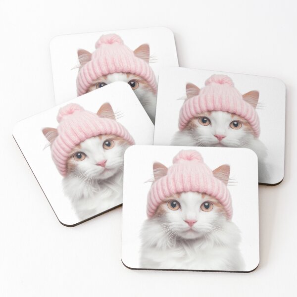 Item preview, Cozy Turkish Van Cat Wearing Pink Winter Hat Trendy Animal Fashion Artwork designed and sold by LazyOwlStore.