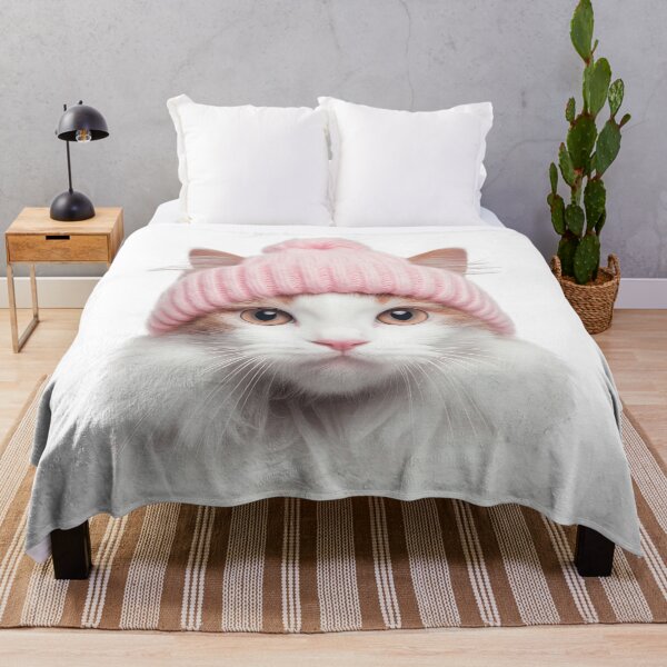 Item preview, Cozy Turkish Van Cat Wearing Pink Winter Hat Trendy Animal Fashion Artwork designed and sold by LazyOwlStore.