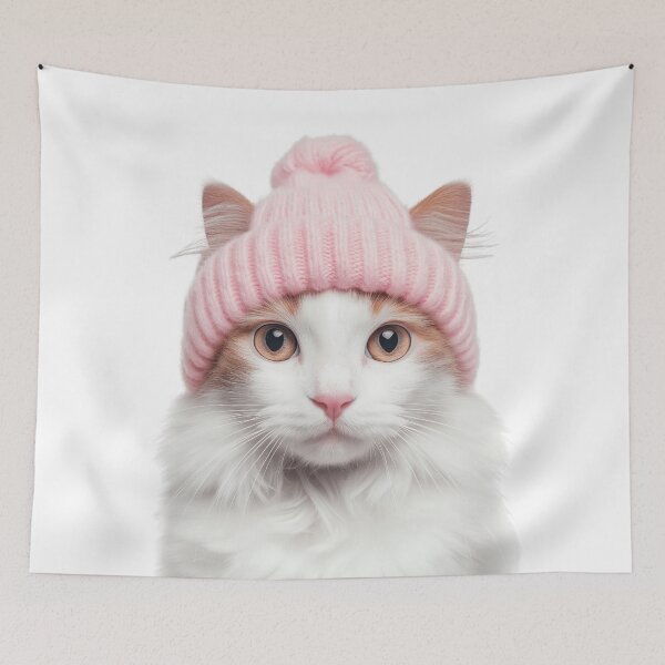 Item preview, Cozy Turkish Van Cat Wearing Pink Winter Hat Trendy Animal Fashion Artwork designed and sold by LazyOwlStore.