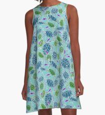 Bright Blue with Dark Blue & Green Sea Turtles with Purple Fish A-Line Dress