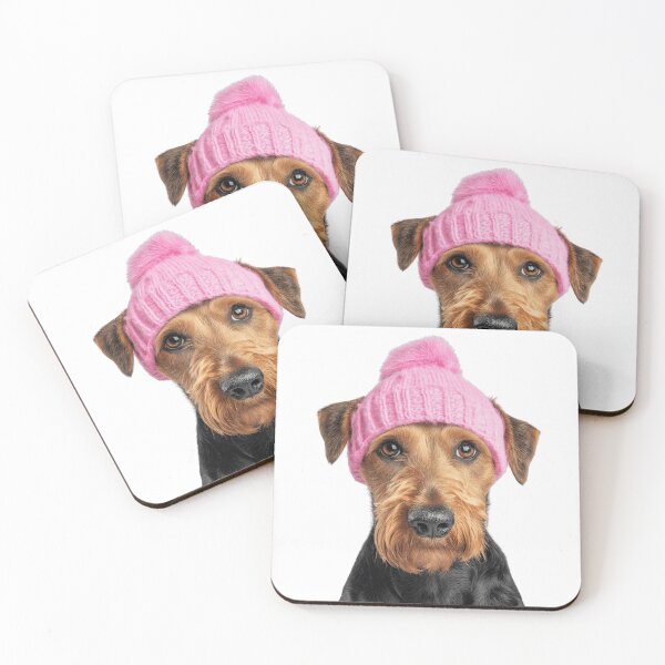 Item preview, Cozy Airedale Terrier dog Wearing Pink Winter Hat Trendy Animal Fashion Artwork designed and sold by LazyOwlStore.