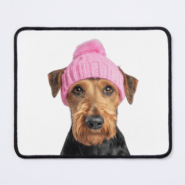 Item preview, Cozy Airedale Terrier dog Wearing Pink Winter Hat Trendy Animal Fashion Artwork designed and sold by LazyOwlStore.