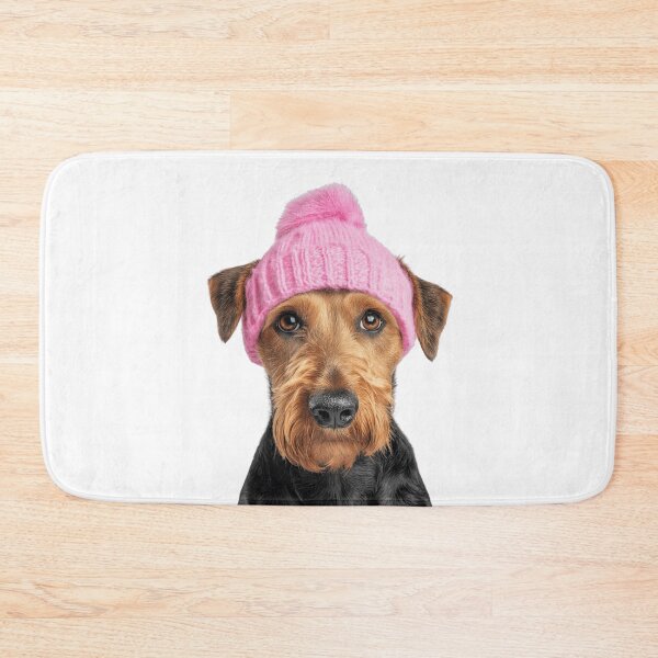 Item preview, Cozy Airedale Terrier dog Wearing Pink Winter Hat Trendy Animal Fashion Artwork designed and sold by LazyOwlStore.