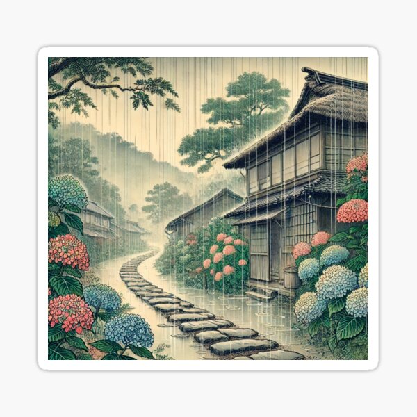 Item preview, Rainy Season Path with Hydrangeas - Japanese Landscape Art designed and sold by Enoki design.