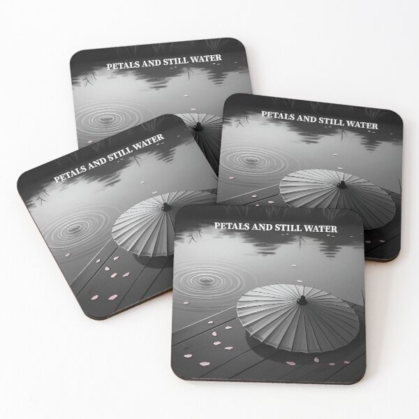 Item preview, Minimalist zen e-ink illustration of a single open parasol (wagasa) resting on a wooden deck beside a quiet pond designed and sold by GCBTienda.