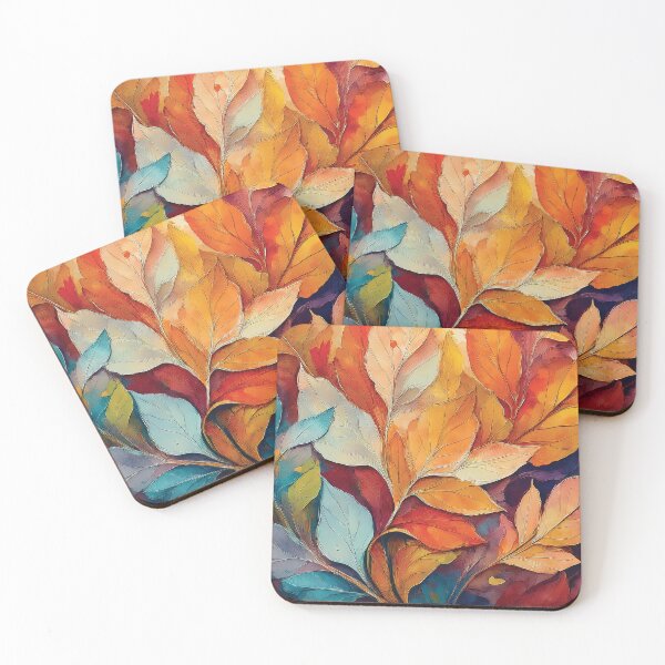 Item preview, Cool minty blue, Warm and cosy Autumn leaves colours, VINTAGE leaf textured botanicals oil painting, burnt orange and dusty blue, leaf pattern autumn painting  designed and sold by navitalidesign.