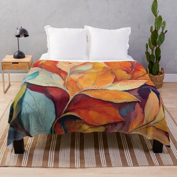 Item preview, Cool minty blue, Warm and cosy Autumn leaves colours, VINTAGE leaf textured botanicals oil painting, burnt orange and dusty blue, leaf pattern autumn painting designed and sold by navitalidesign.