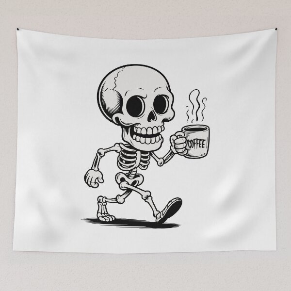Item preview, Happy Skeleton Walking with Coffee Mug – Vintage Cartoon Vector designed and sold by AFernandesDSG.