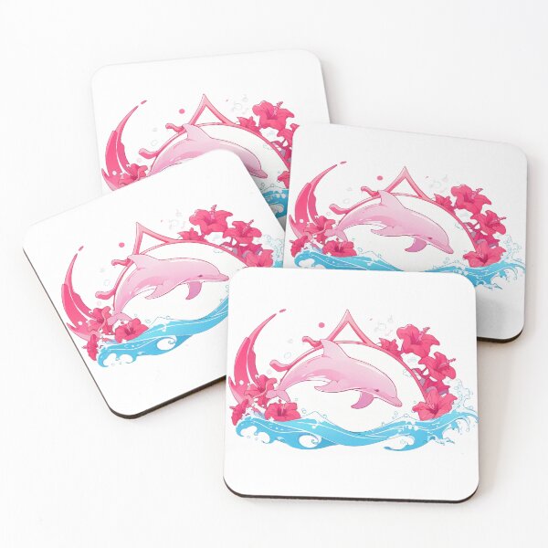 Artikelvorschau, Rosa Delfin-Fantasie-Logo mit Hibiskus und Meereswellen entworfen und verkauft von KiraChie.