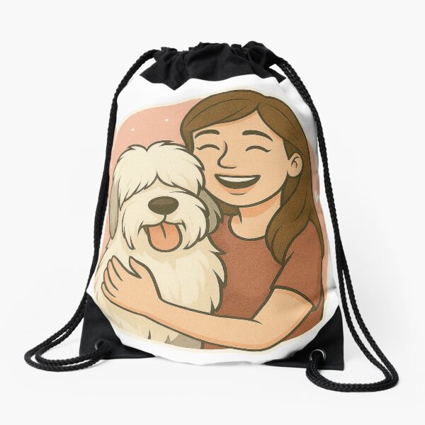 Item preview, Fluffy Friendship: Woman & Old English Sheepdog Cartoon designed and sold by GoodyPaws.