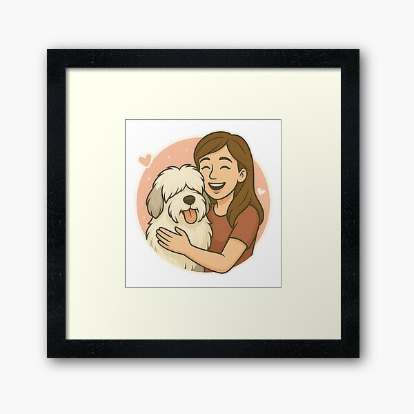 Item preview, Fluffy Friendship: Woman & Old English Sheepdog Cartoon designed and sold by GoodyPaws.
