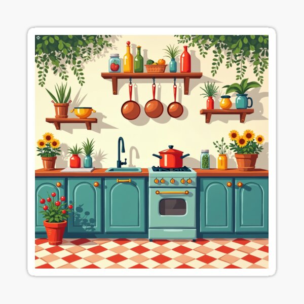 Item preview, Apartment Decorating - Charming Retro Kitchen with Teal Cabinets and Checkerboard Floor designed and sold by Dreams--Cape.