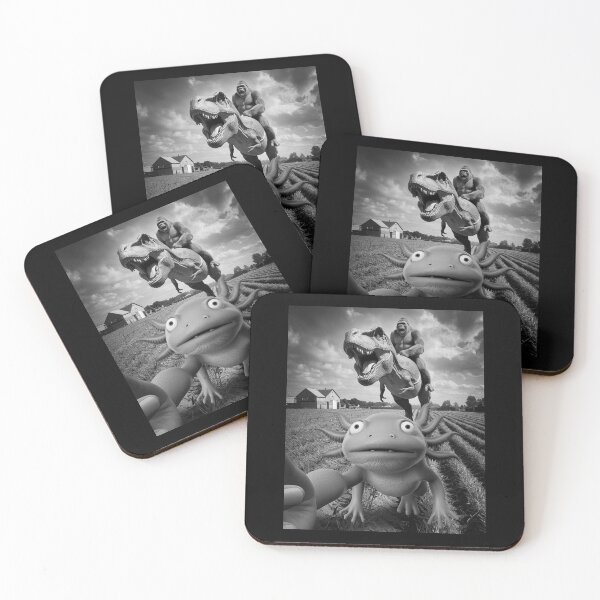 Item preview, Gorilla Riding T-Rex in Farm Field with Surprised Axolotl Selfie – Surreal Funny Animal Mashup Art designed and sold by love3617.