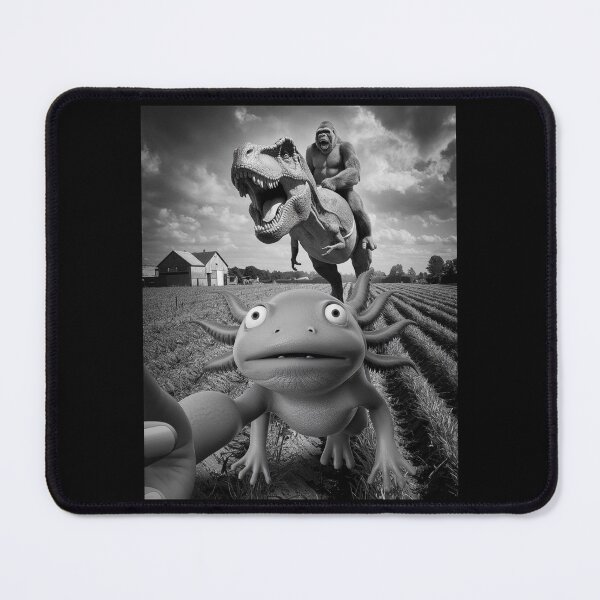 Item preview, Gorilla Riding T-Rex in Farm Field with Surprised Axolotl Selfie – Surreal Funny Animal Mashup Art designed and sold by love3617.