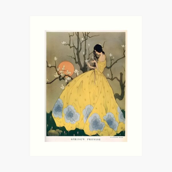 Artikel-Vorschau von Marjorie Miller Springs Promise Bystander 1930 Vintage Frau mit gelbem Kleid Mondlicht Illustration, designt und verkauft von OddPopnyc.