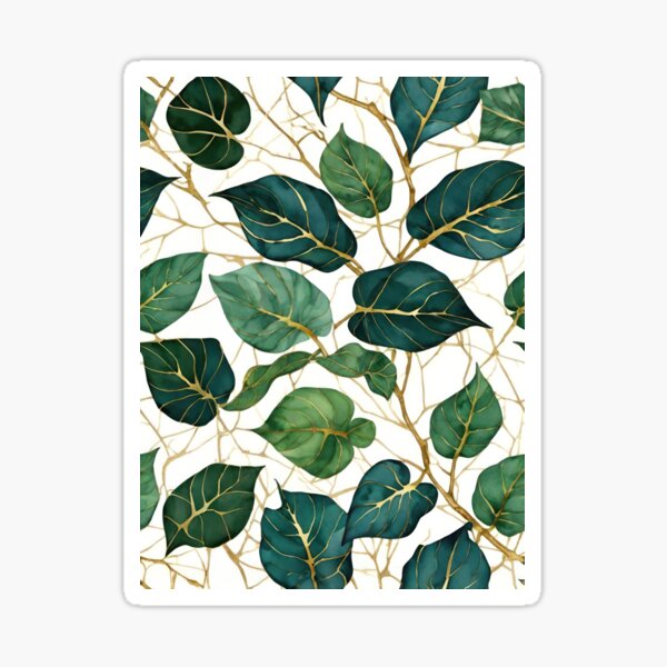 Item preview, Stained Glass Style Green Leaves With Gold On A White Background designed and sold by CarrollGene.