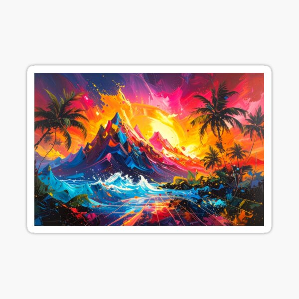 Artikel-Vorschau von Retro-Synthwave-Bergsonnenuntergang mit Neongitter und Palmen, designt und verkauft von Satori T..