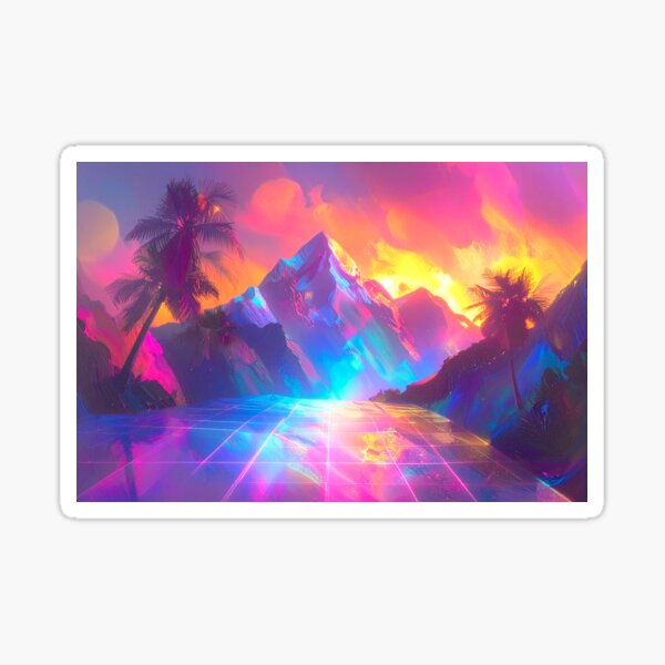 Artikel-Vorschau von Retro-Synthwave-Bergsonnenuntergang mit Neongitter und Palmen, designt und verkauft von Satori T..