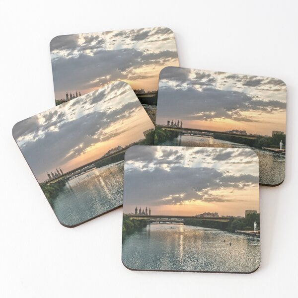 Item preview, a wide river at sunset, with canoes designed and sold by seasandlands.