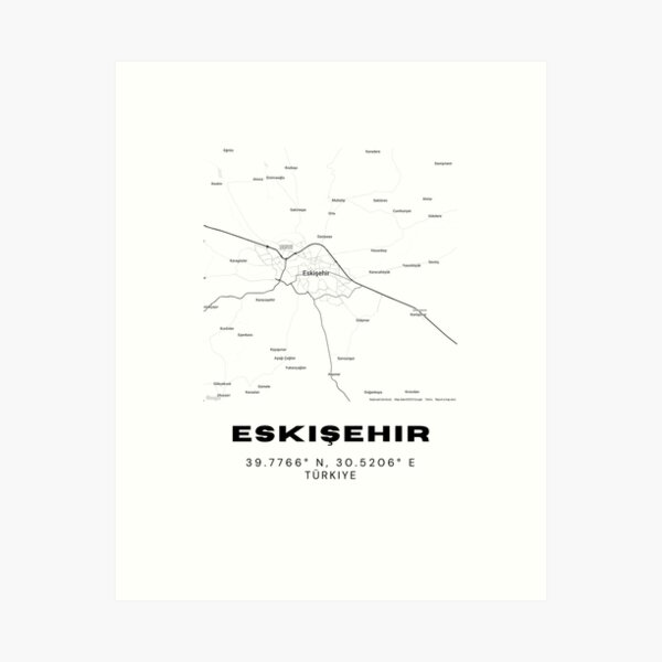 Aperçu de l'œuvre Carte minimaliste d'Eskişehir – Impression d'art urbain moderne en noir et blanc créée et vendue par RM-Journey.