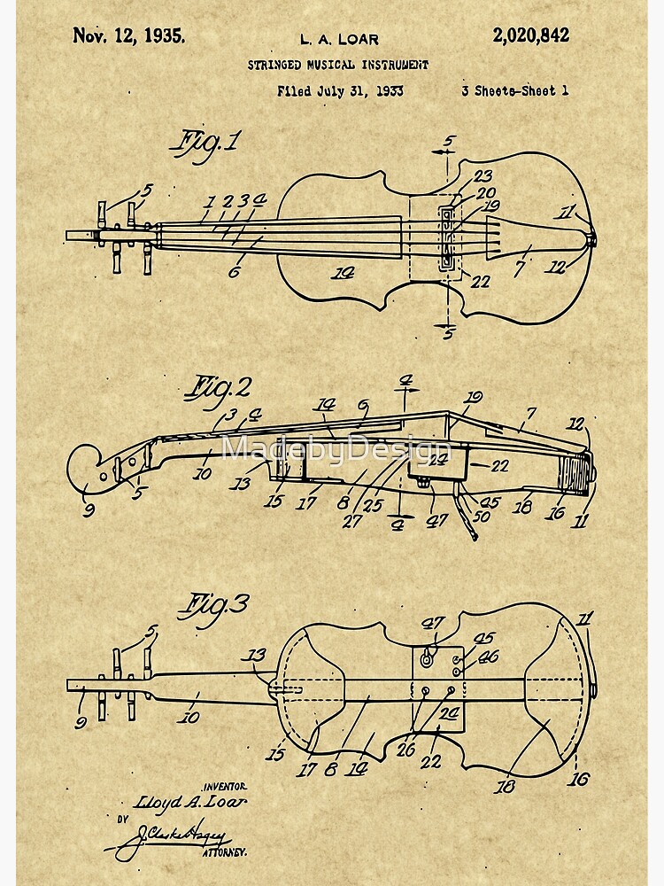 Disover Violin Art Patent Print Black Premium Matte Vertical Poster