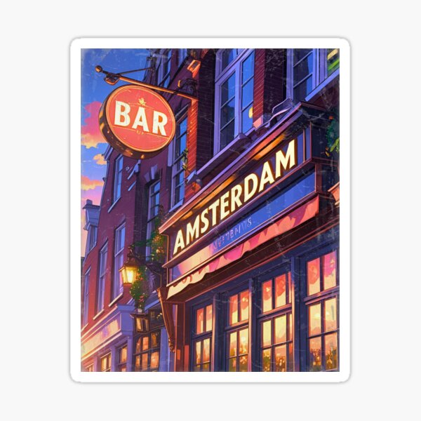 Item preview, Amsterdam Bar at Dusk. Vintage Bar Decor Art Print designed and sold by DR-Studios.