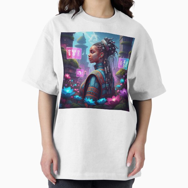 Item preview, Afrofuturistic African Woman in Floral Garden with Futuristic Holograms designed and sold by ethnicdigital.