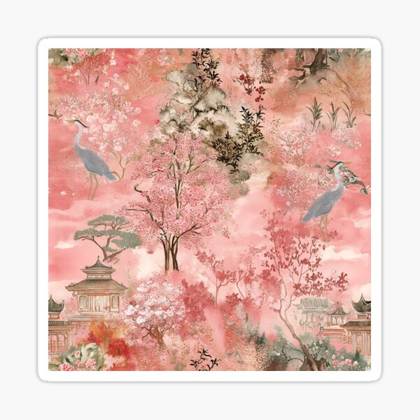 Item preview, Chinoiserie landscape with herons in orange and grey designed and sold by SophieClimaArt.