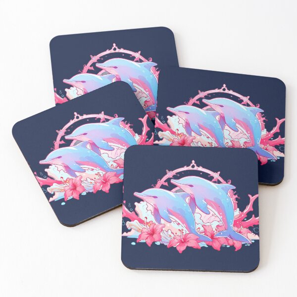 Item preview, Fantasy Pink Dolphins Splash with Hibiscus designed and sold by KiraChie.