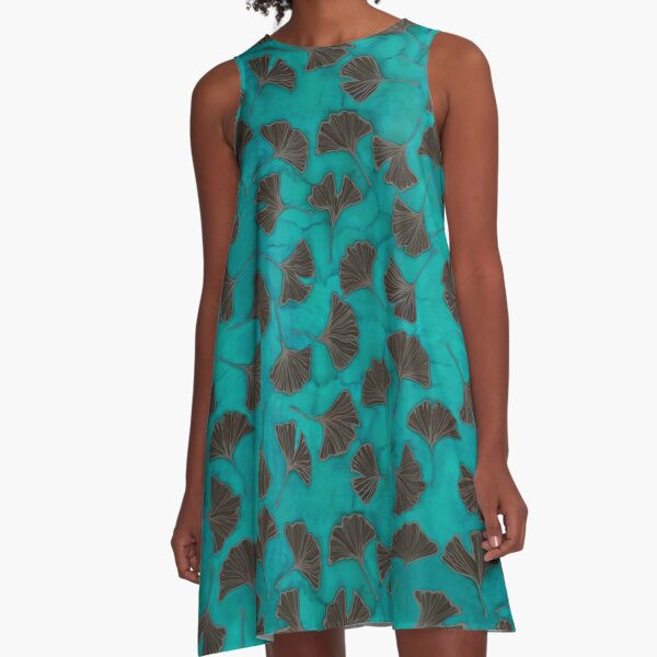Green ginkgo leaves on teal green A-Line Dress