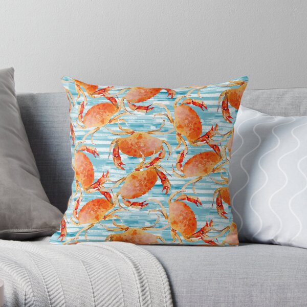 Cooked Crabs on Stripey Blue Throw Pillow
