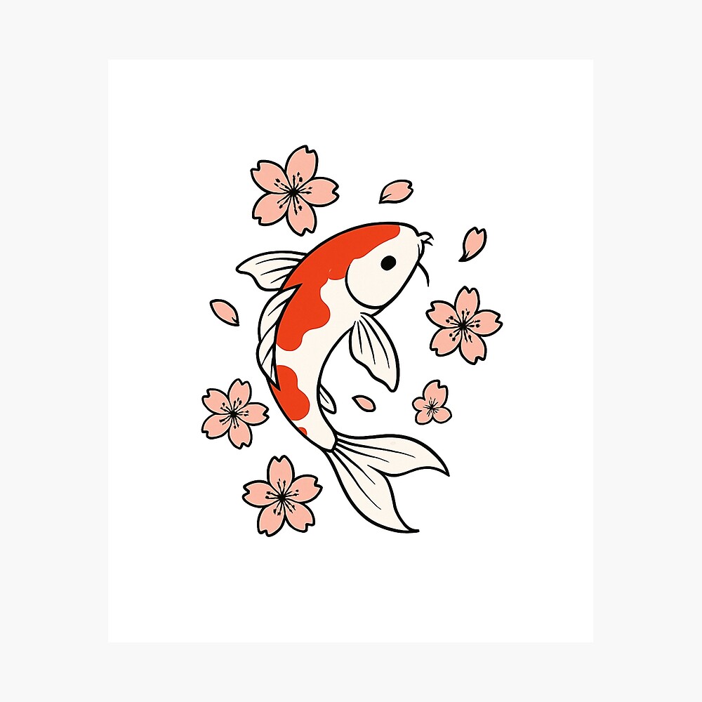 Koi Fish Swimming with Cherry Blossoms | Japanese Minimal Art Poster