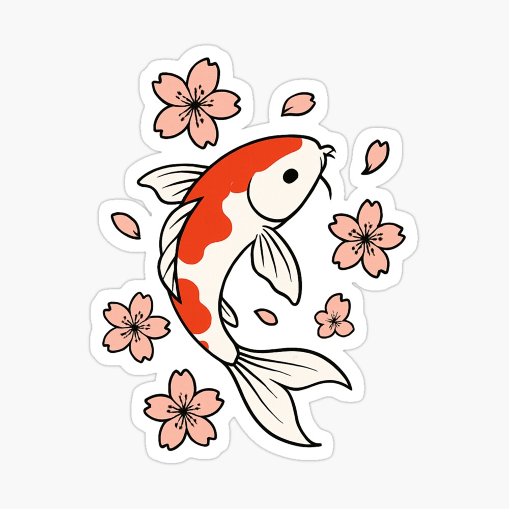 Koi Fish Swimming with Cherry Blossoms | Japanese Minimal Art Poster