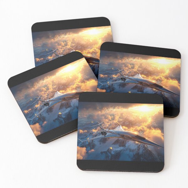 Item preview, Futuristic Aircraft Soaring Over Majestic Mountains at Sunset designed and sold by jecphotography and art.