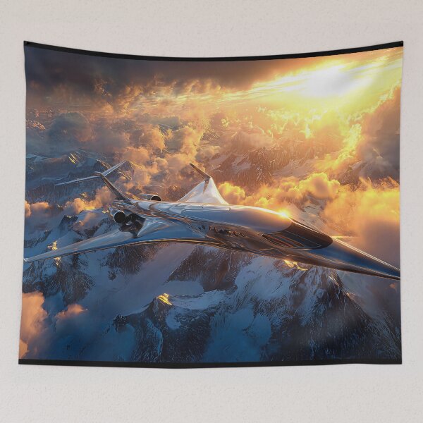 Item preview, Futuristic Aircraft Soaring Over Majestic Mountains at Sunset designed and sold by jecphotography and art.