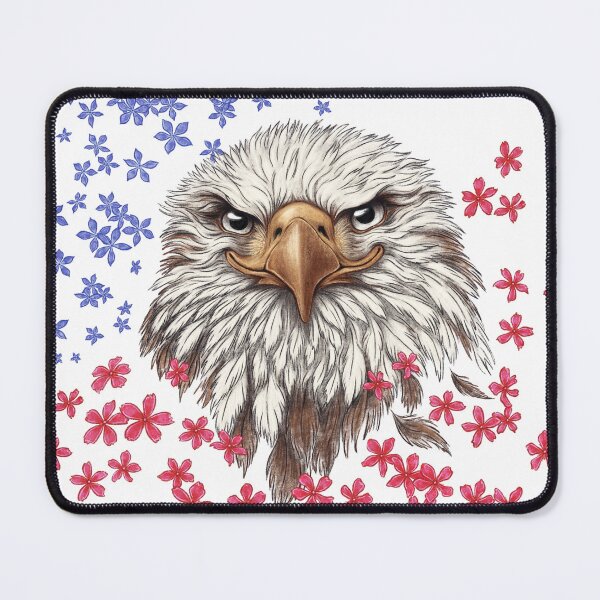 Item preview, A bold drawing, a majestic eagle, a symbol of strength, courage, American pride, red and blue flowers, patriotic spirit, artistic charm. designed and sold by ArtbySvetik.