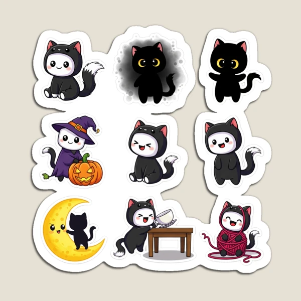 Black Cat Pip - Cute & Spooky Sticker Pack — Magnet by BiMood